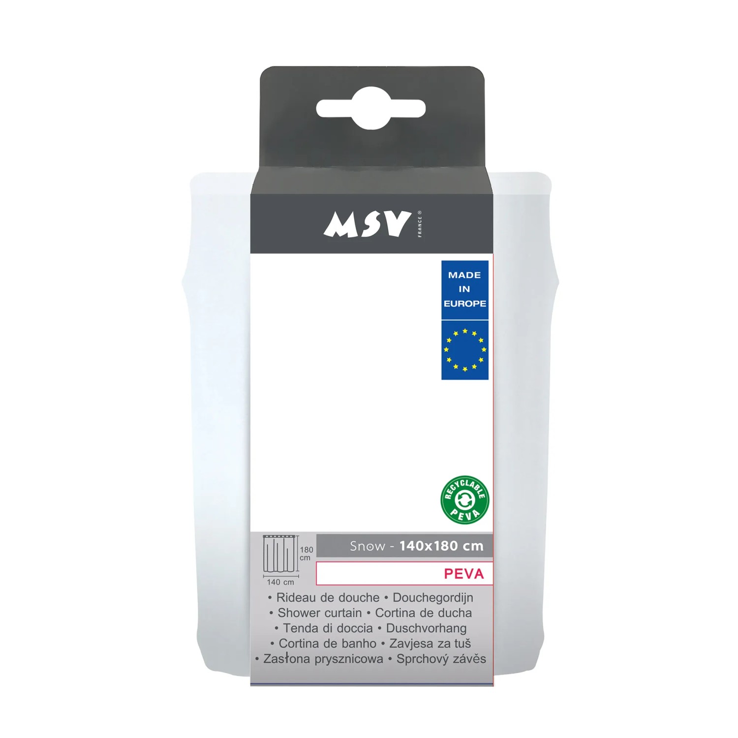 Verpackter, weißer MSV Duschvorhang Snow aus EVA, 140x180 cm.