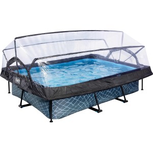 EXIT Stone Pool, grauer Stahlrahmenpool 300x200 mit Abdeckung und Filterpumpe.