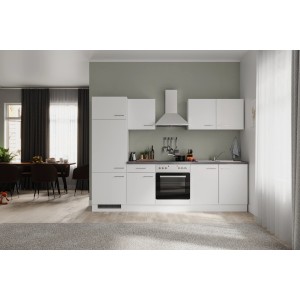 Moderne Küchenzeile Joelina, 270 cm, in Weiß matt mit Arbeitsplatte in Beton Grau. Inklusive E-Geräte.
