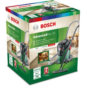 Verpackung des Bosch AdvancedVac 20 Nass- und Trockensaugers. Leistungsstarker Allzwecksauger.