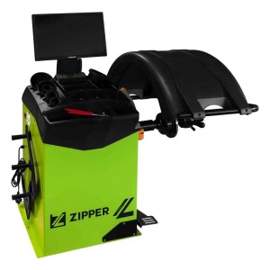 Grüne Zipper Reifenwuchtmaschine ZI-RWM827-LCD mit schwarzem Display und Schutzabdeckung für Autoreparatur.