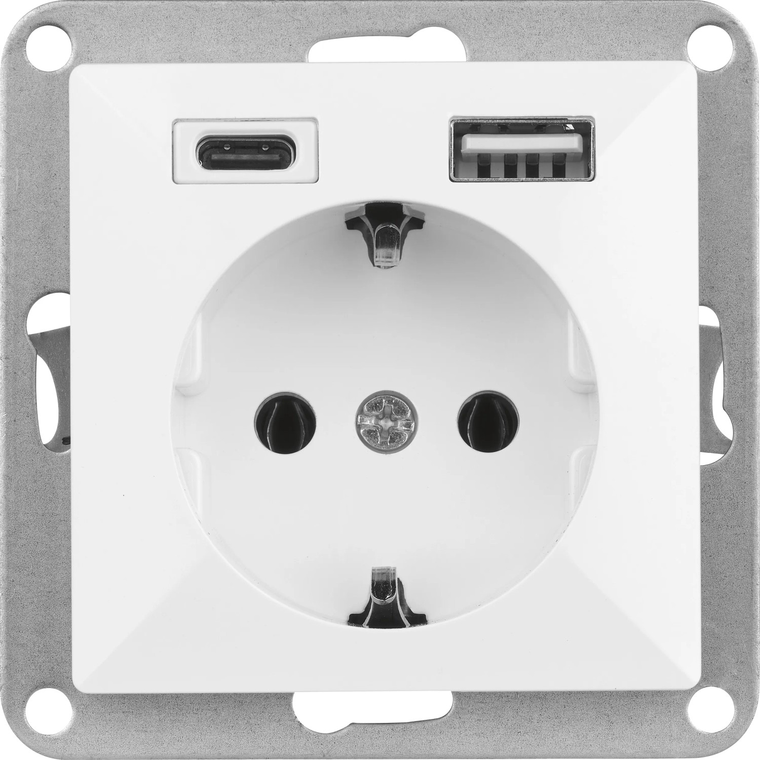Weiße Unterputz-Steckdose Jule aus Kunststoff mit Schutzkontakt, USB-A und USB-C Ladeanschlüssen.