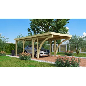 Karibu Einzelcarport Classic aus Holz, kesseldruckimprägniert, mit Auto im Garten.