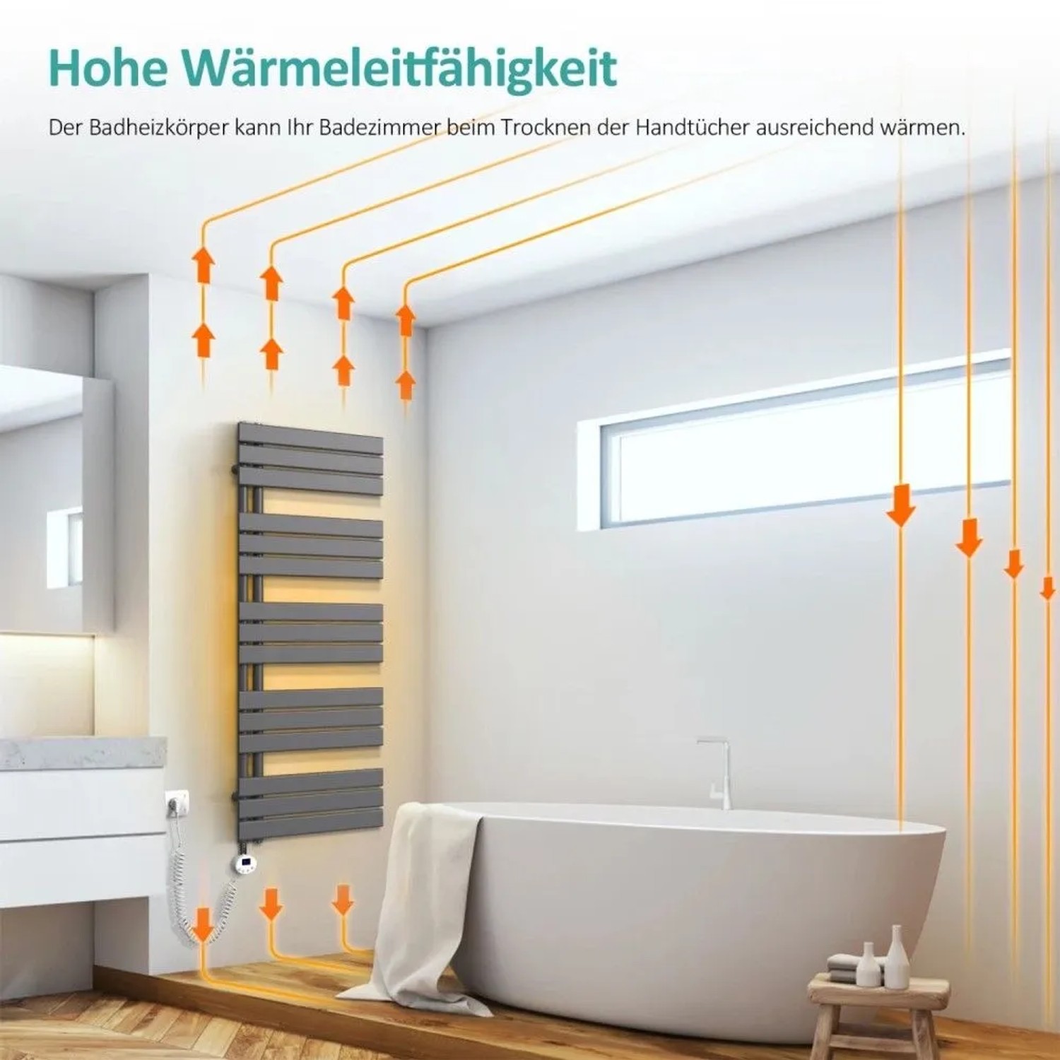 Anthrazitfarbener elektrischer Badheizkörper 50x132cm mit Thermostat im modernen Bad. Zeigt Wärmeverteilung.