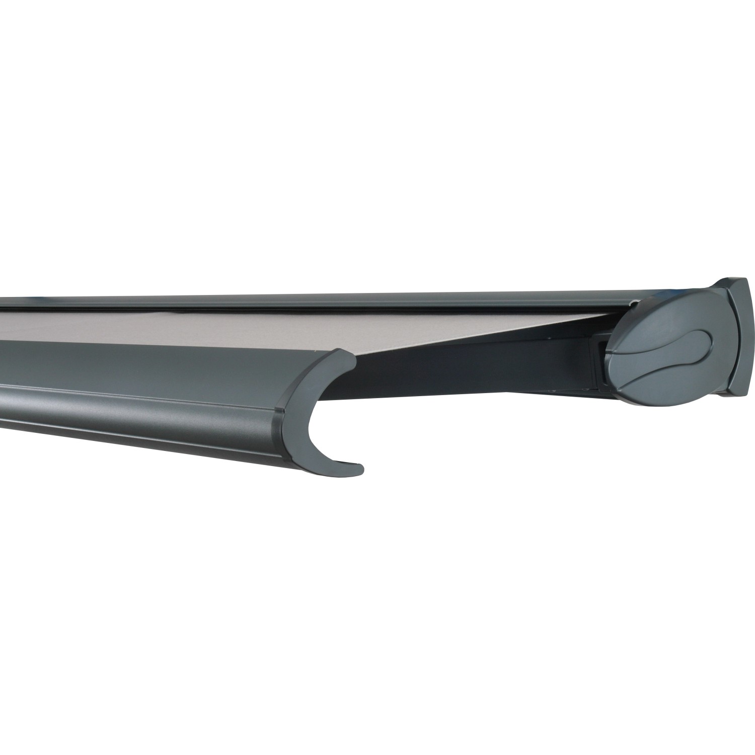 Geschlossene Wismar Kassettenmarkise in Anthrazit mit rotem Stoff, seitliche Ansicht.