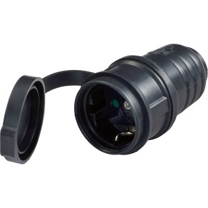 Schwarze Schutzkontakt-Kupplung aus Gummi mit offenem Deckel für Innen- und Außenbereiche.