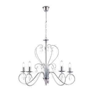 Eleganter Orion Kristall Kronleuchter Alessia, 5-flammig, Chrom, mit funkelnden Vollschliff Kristallen. Ideal für Esszimmer.
