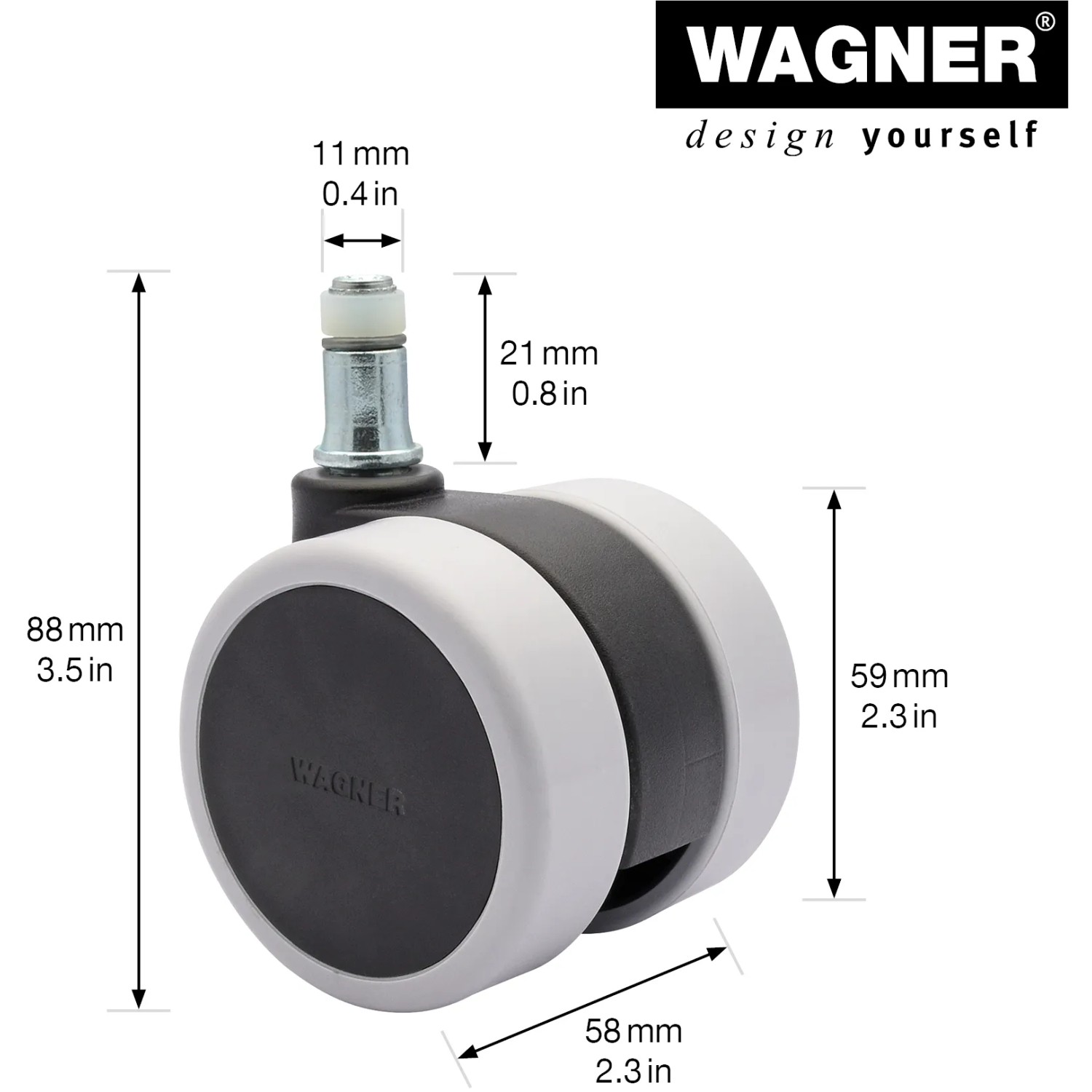 Wagner Drehstuhlrolle, Soft, Ø 6 cm, schwarz-grau, mit Stift. Rolle für Bürostuhl.