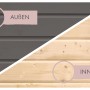 Karibu Saunahaus Espen: Detailansicht der Wand mit Farbe Terragrau (außen) und Naturholz (innen).