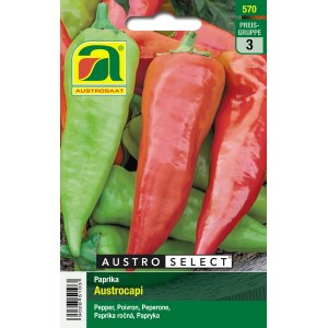 Austroselect Paprika Austrocapi Saatgut Packung mit grünen und roten, spitzen Paprika.