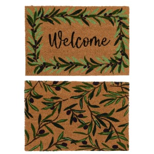 Decoris Kokos-Fußmatten-Set mit Olivenmotiv. Eine mit "Welcome"-Schriftzug, die andere mit Olivenzweigen.