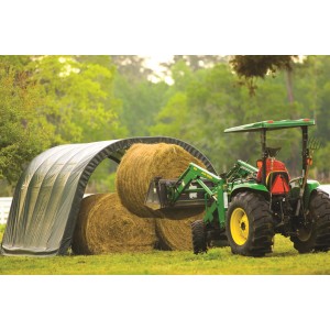 ShelterLogic Weidezelt mit Traktor und Heuballen. Ordnungssystem für den Garten.