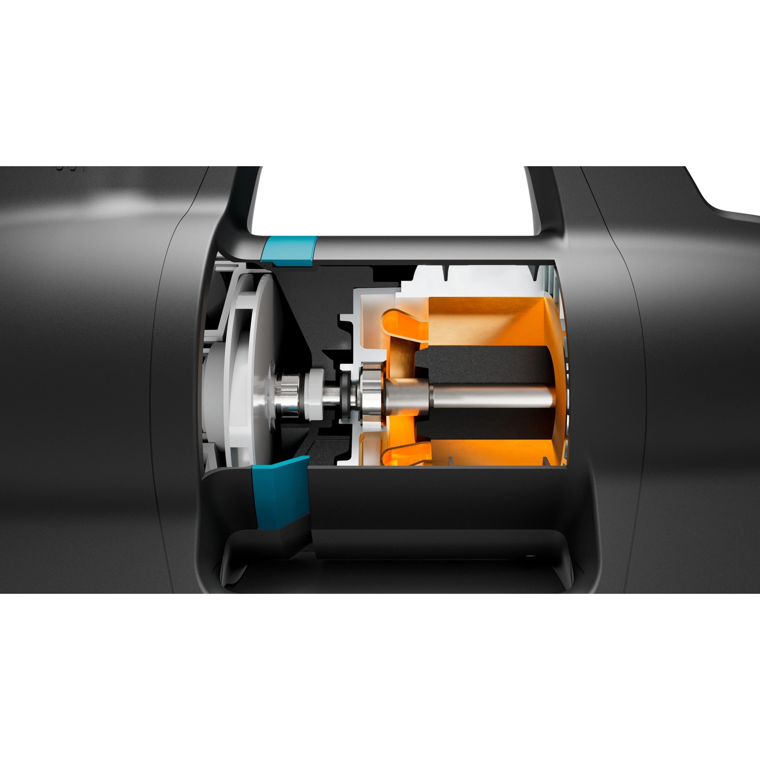 Innenansicht der Gardena 4300 Silent Gartenpumpe, die die interne Mechanik und den Motor zeigt.