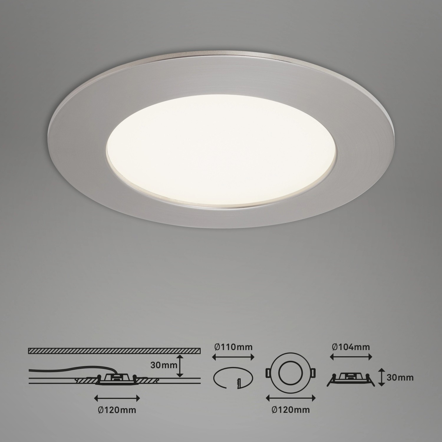 Briloner LED-Einbauleuchte 3er-Set, Nickel matt, neutralweißes Licht. Deckenleuchte mit Maßangaben.