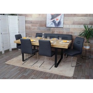 Esszimmer-Set mit Esstisch, Bank und vier Stühlen in Dunkelgrau und Edelstahl.