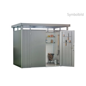 Biohort Metall-Gerätehaus HighLine H6 Quarzgrau-Metallic mit offener Doppeltür, Regalen und Gartengeräten.
