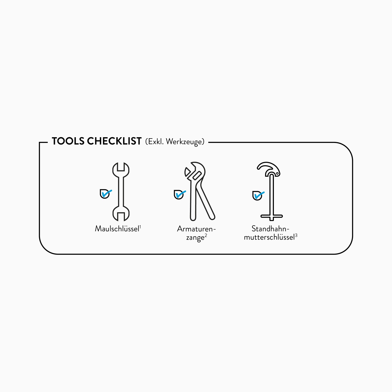 Checkliste Werkzeug: Maulschlüssel, Armaturenzange, Standhahnmutter-Schlüssel.