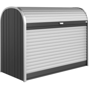 Biohort StoreMax 160 Gartenbox, dunkelgrau-metallic, mit Rollladen und Zylinderschloss.