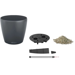 Lechuza Classico Color Eco 18, graues Pflanzgefäß mit Zubehör für Bewässerungssystem.