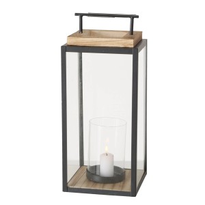Große, schwarze Boltze Home Laterne Damiano aus Glas, Holz und Metall mit Kerze.