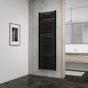 Schwarzer Schulte Design-Heizkörper Miami im Bad mit Handtuchhalter.