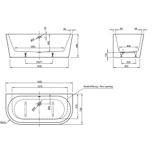 Technische Zeichnung: Ottofond Whirlpool Modena XS, 165x75 cm, Maße und Details.