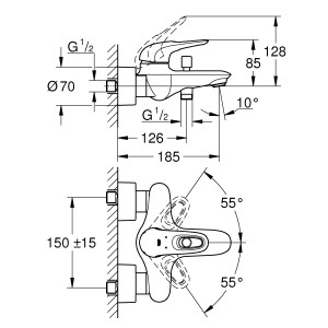 Technische Zeichnung: Grohe Eurostyle Wannenarmatur in Chrom mit Maßangaben.