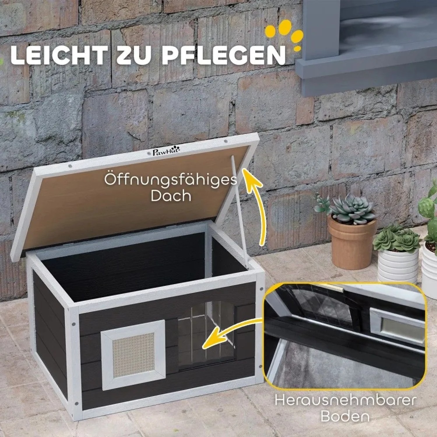 Graues PawHut Outdoor-Katzenhaus aus Tannenholz mit offenem Dach und herausnehmbarem Boden für einfache Reinigung.