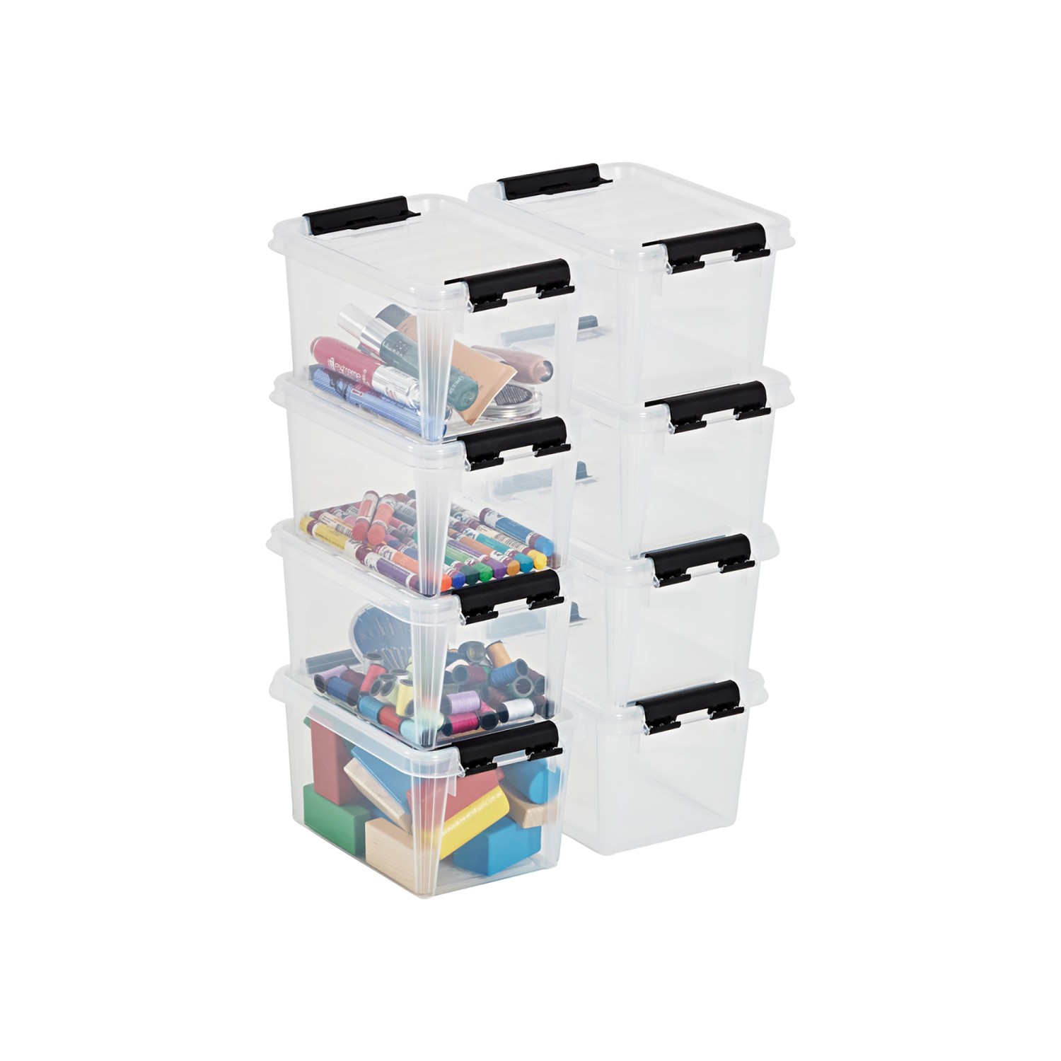 Gestapelte SmartStore Aufbewahrungsboxen Classic 1,5 l, transparent, mit schwarzen Deckel-Clips.