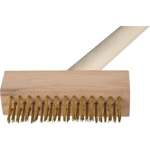 Unkrautbürste aus Holz mit Messingborsten und Stiel, Teil eines 2-fach Sets für die Bodenbearbeitung.