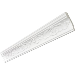 Weißes Zierprofil Gianna, 3,5 cm x 200 cm, mit floralem Muster für Wand- und Deckendekoration.