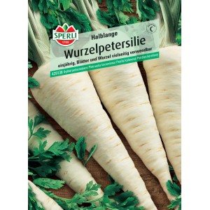 Sperli Wurzelpetersilie Halblange Samenpackung mit Petersilienwurzeln und Blättern.