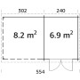 Grundriss Palmako Ella Holz-Gartenhaus: 300x554cm, Flachdach, unbehandeltes Holz.