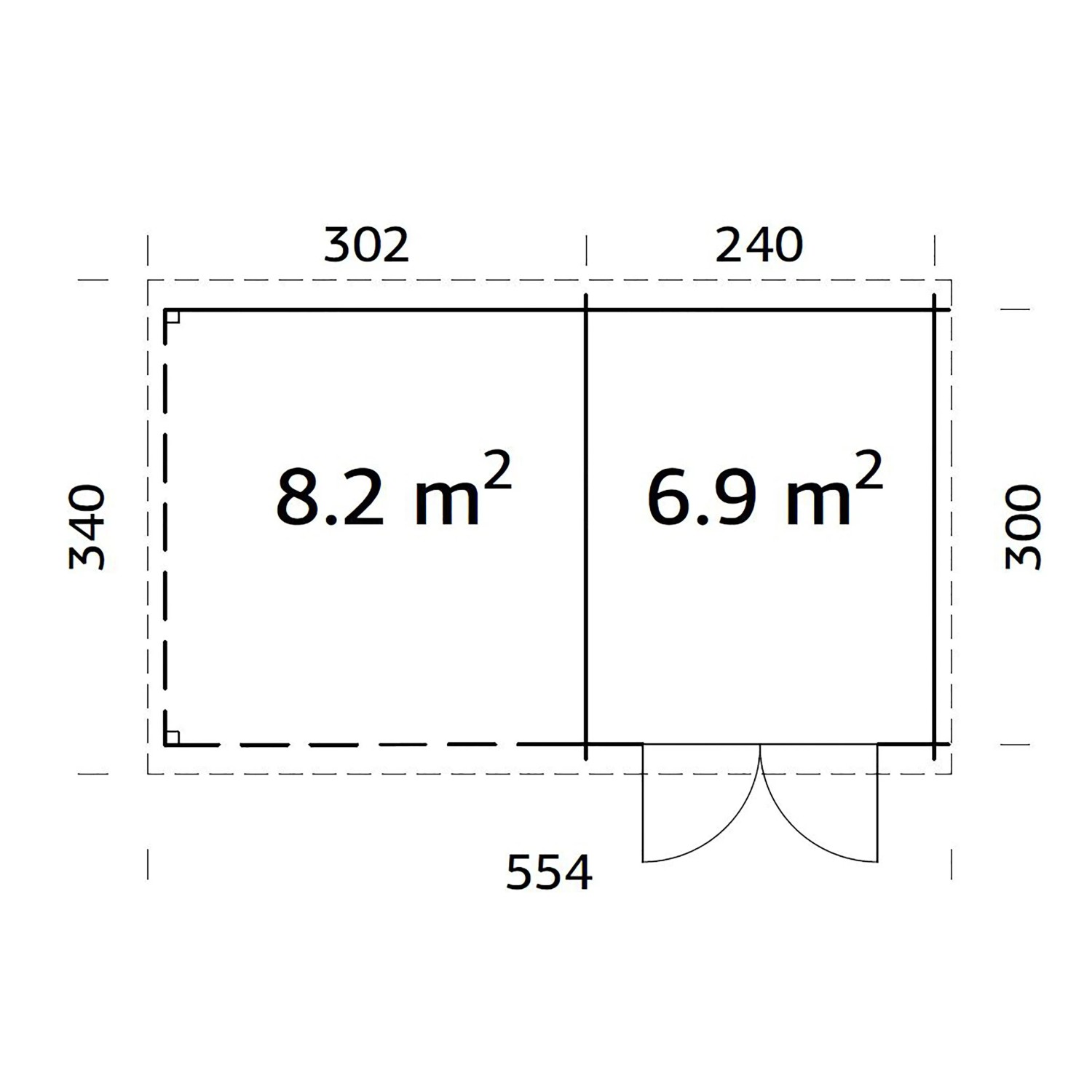Grundriss Palmako Ella Holz-Gartenhaus: 300x554cm, Flachdach, unbehandeltes Holz.