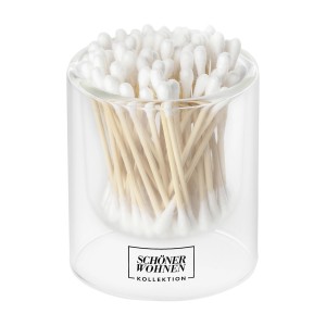 Schöner Wohnen Wattestäbchen im Glasbehälter. Badaccessoire mit Holzstäbchen und Baumwollspitze.
