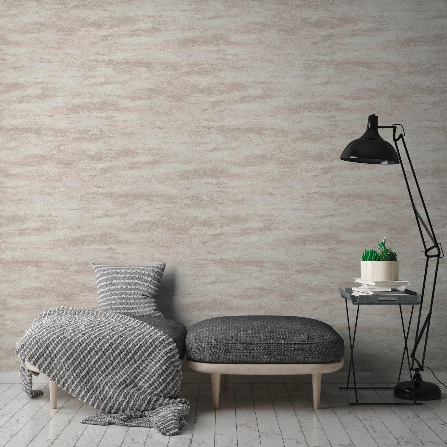 A.S. Création Vliestapete Putzoptik in Weiß und Beige an Wohnzimmerwand.