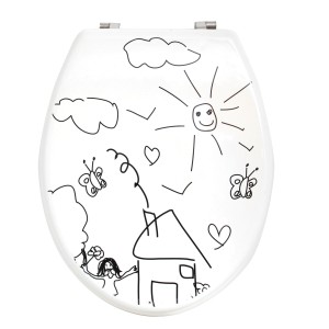 Weißer WC-Sitz Kindergarten mit Kinderzeichnungen, MDF, 42,5x36,5x5 cm.