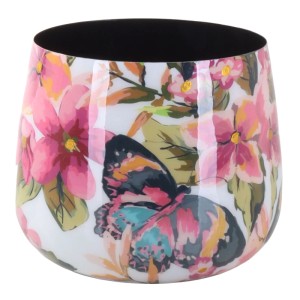 Eleganter A.H.G. Metall-Übertopf mit floralem Pink-Schmetterling Design und Gold-Reflexen. Ideal für Pflanzen im Innenbereich.