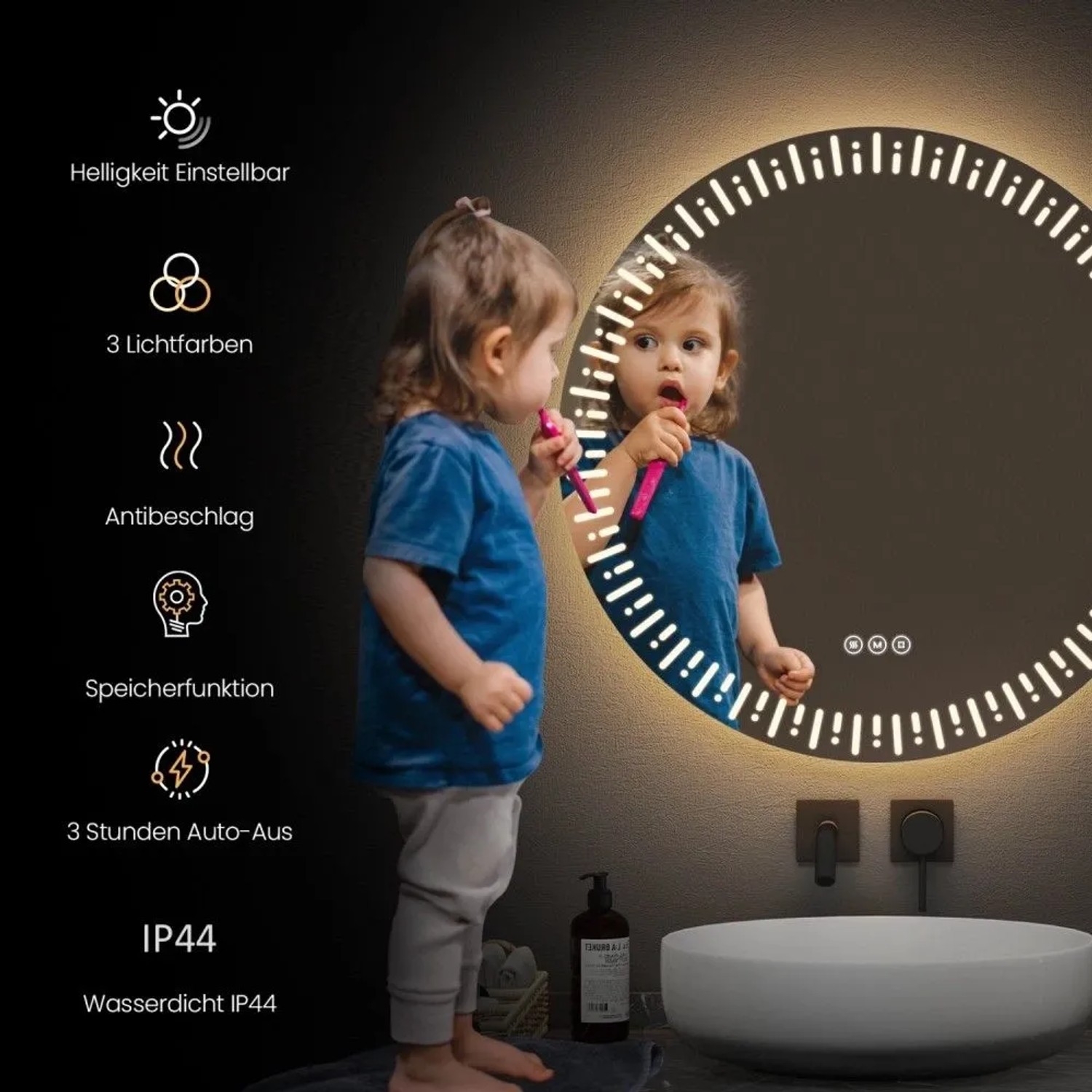 Runder LED Badspiegel mit leuchtendem Rand, dimmbar, 3 Lichtfarben, Antibeschlag & Touchschalter.