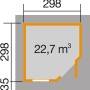Grundriss Weka Holz-Gartenhaus Flachdach, 298x338 cm, lasiert. Abmessungen und Raumaufteilung des Gartenhauses.