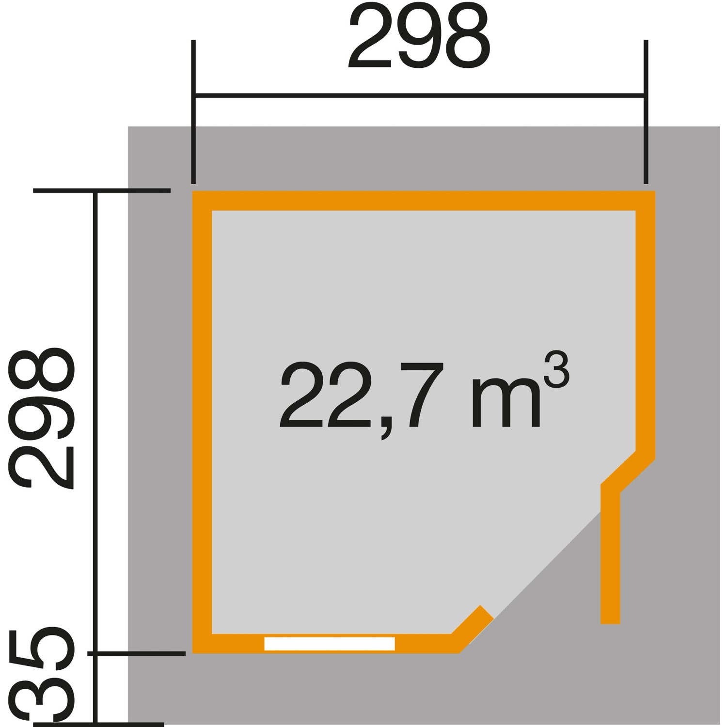 Grundriss Weka Holz-Gartenhaus Flachdach, 298x338 cm, lasiert. Abmessungen und Raumaufteilung des Gartenhauses.