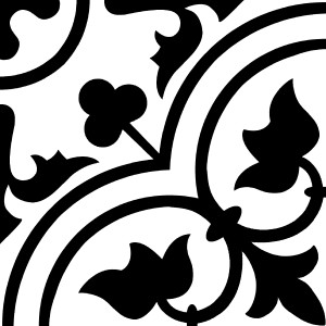 Dekorative, matte Bodenfliese aus Feinsteinzeug, 20x20 cm, mit schwarzem Blumenmuster.