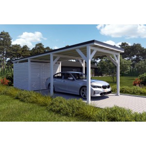 Holzbrüder Carport Ralf mit Geräteraum, reinweiß, mit schwarzem Dach und Auto.