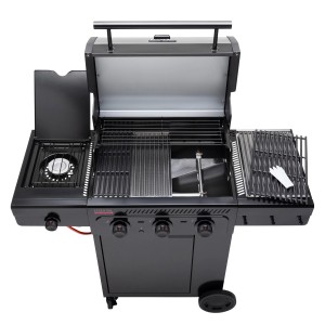 Schwarzer Char-Broil Gasgrill Essential 3 G mit Seitenbrenner und Tru-Infrared Technologie.