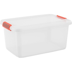 Transparente Aufbewahrungsbox K-Latch L mit Deckel und orangefarbenen Verschlussgriffen.