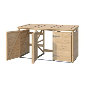 Weka Mülltonnenbox Killarney für 3 Tonnen, naturbelassen, mit geöffneten Türen.