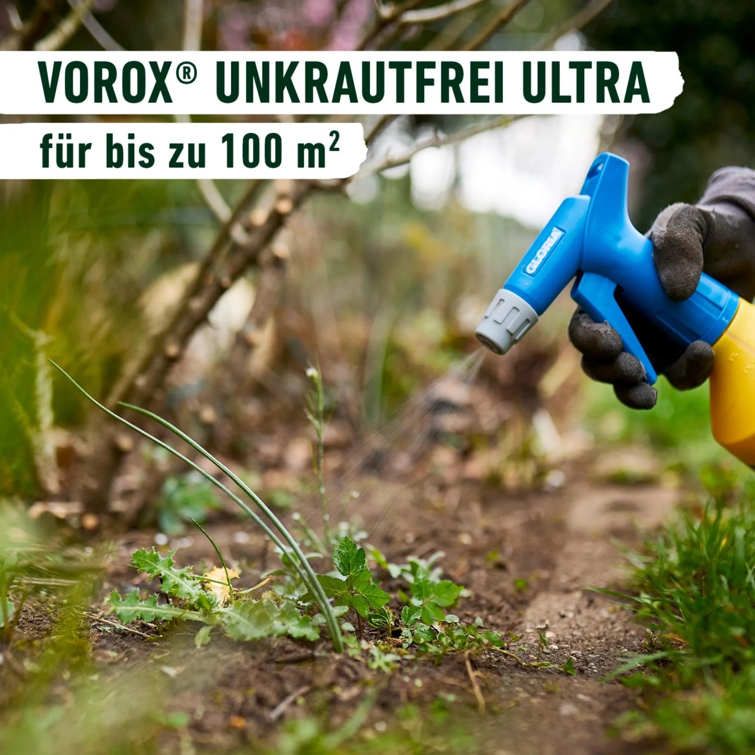 Anwendung von Compo Vorox Unkrautfrei Ultra mit Sprühflasche zur Unkrautbekämpfung.