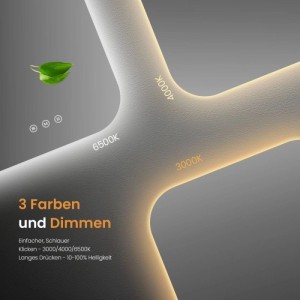 Visuelle Darstellung der 3 einstellbaren Lichtfarben (warm, neutral, kalt) und Dimmfunktion des LED-Badspiegels.