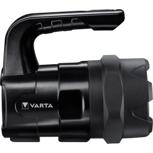 Schwarze Varta LED-Taschenlampe Indestructible BL20 Pro mit Griff und Batterien.