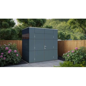 Modernes, anthrazitfarbenes Bertilo Gartenhaus HPL Mini (231x152cm) mit Flachdach im Garten.